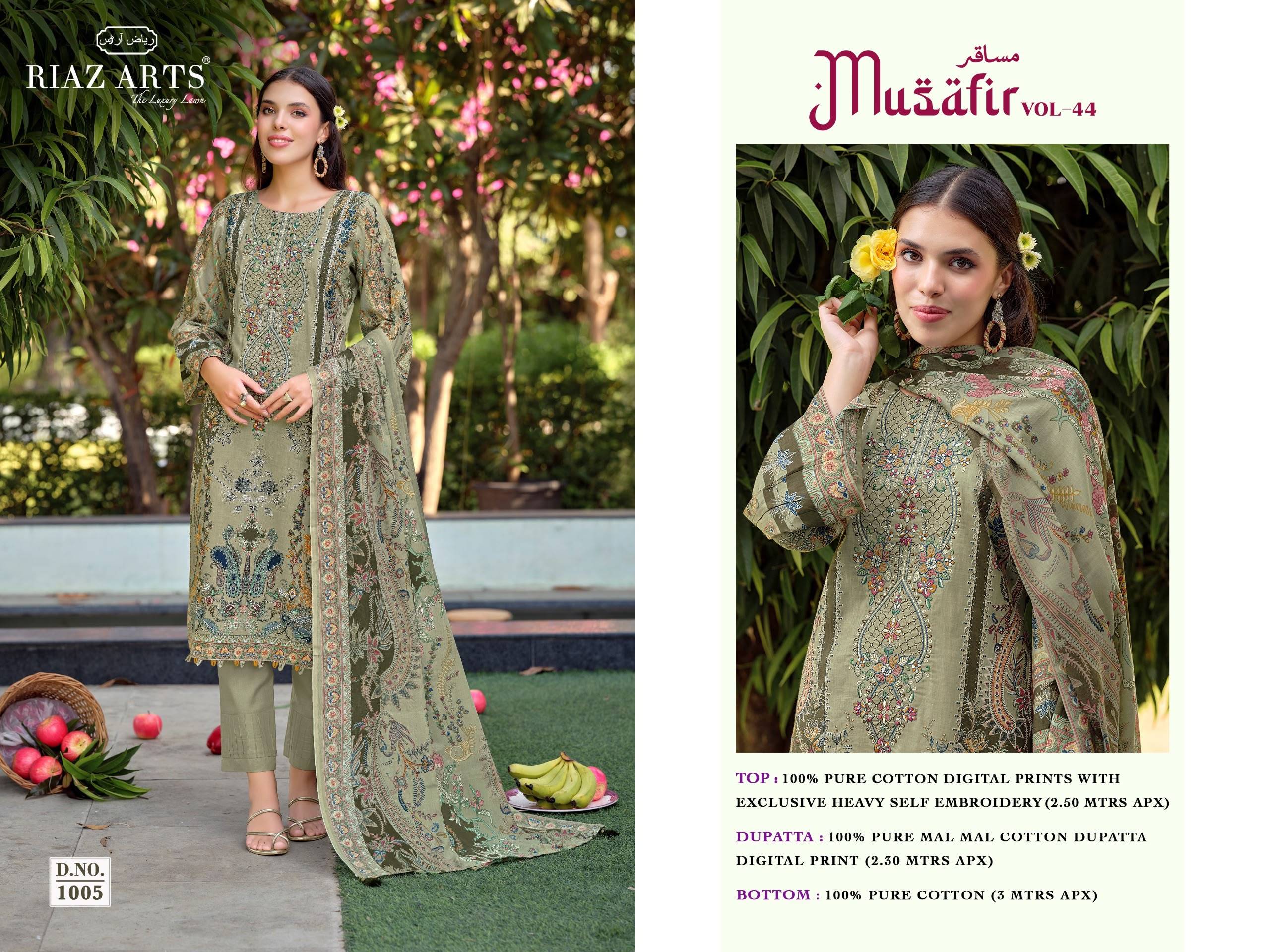 MUSAFIR VOL-44 By RIAZ ARTS 1001 To 1008 Series Beautiful Festive Suits Stylish Colorful Fancy Casual Wear Pure Cotton Dresses At Wholesale Price